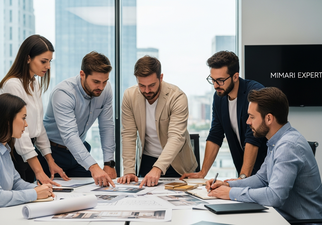 فريق من شركة تصميم داخلي في إسطنبول يناقش المخططات المعمارية لمشروع فاخر